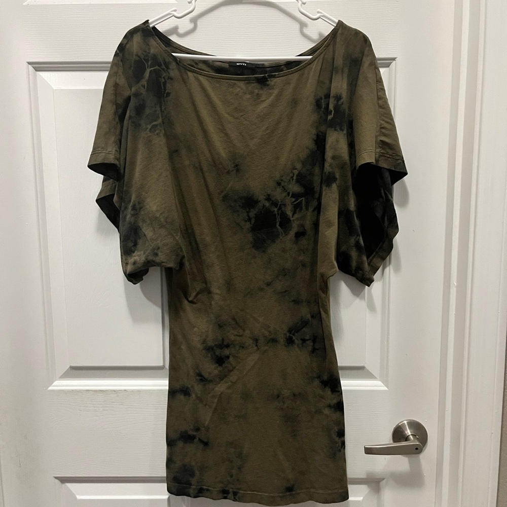 Boho Batwing Mini Dress – Olive + Black Tie-Dye Magic